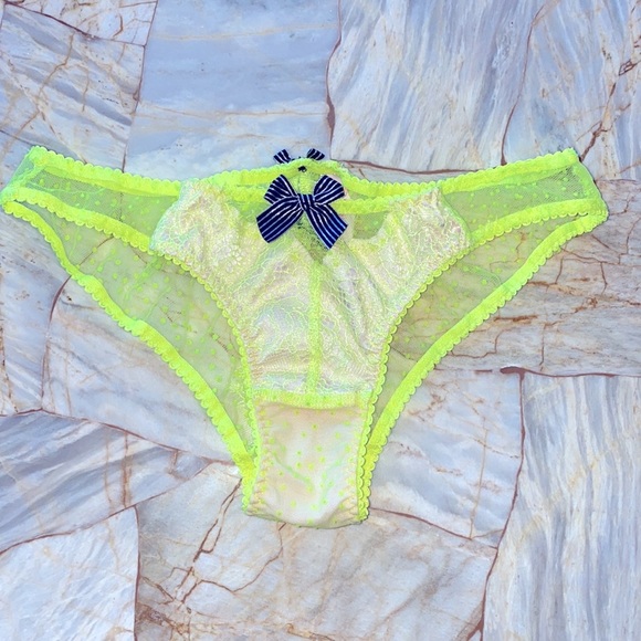 VS Lace Mesh Satin Panty Bikini Yellow Polka Dot Very Sexy Small - Picture 1 of 7